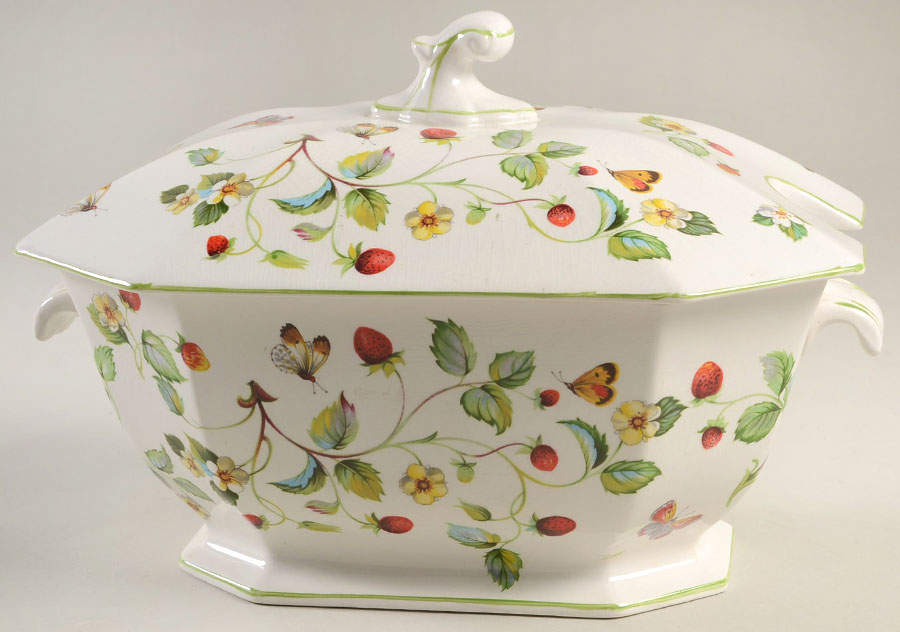 Strawberry (Green Trim, Butterflies) Rectangular Tureen & Lid by James Kent (England)-1