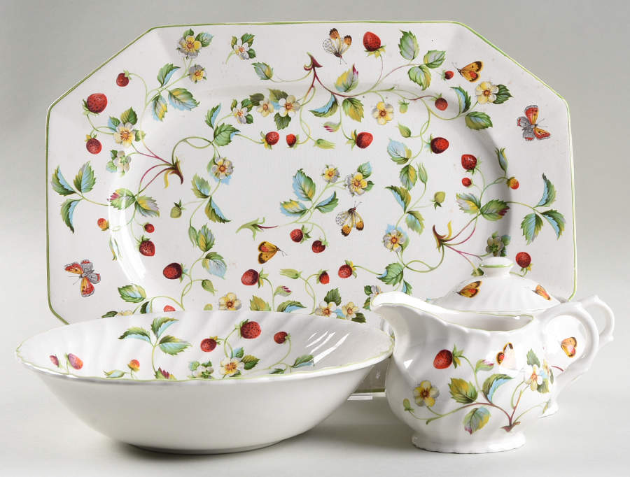 Strawberry (Green Trim, Butterflies) 5 Piece Hostess Set by James Kent (England)-1
