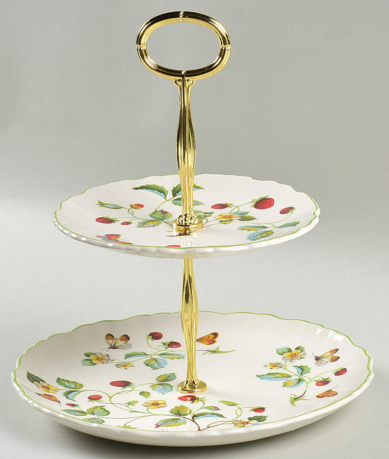 Strawberry (Green Trim, Butterflies) 2 Tiered Serving Tray (Dinner & Salad Plate) by James Kent (England)-1