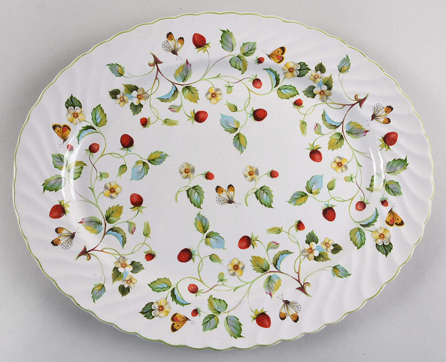 Strawberry (Green Trim, Butterflies) 13" Oval Serving Platter by James Kent (England)-1