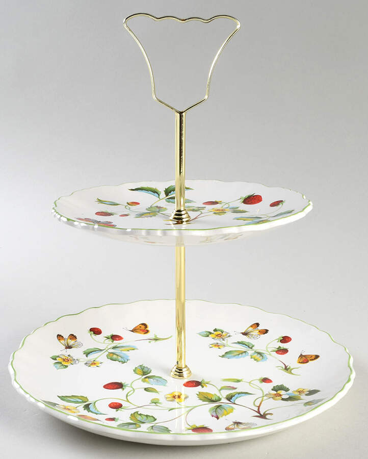 Strawberry (Green Trim, Butterflies) 2 Tiered Serving Tray (Dinner & Salad Plate) by James Kent (England)-1