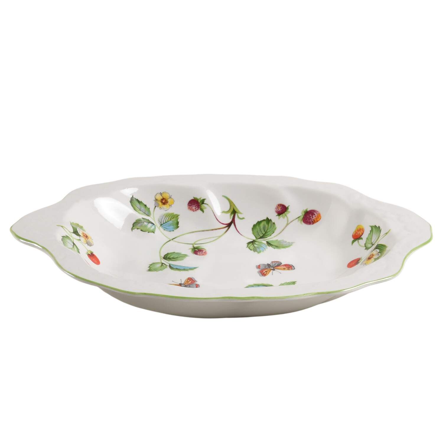Strawberry (Green Trim, Butterflies) 10" Oval Vegetable Bowl by James Kent (England)-1