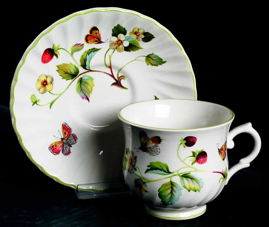 Strawberry (Green Trim, Butterflies) Footed Cup & Saucer Set by James Kent (England)-1