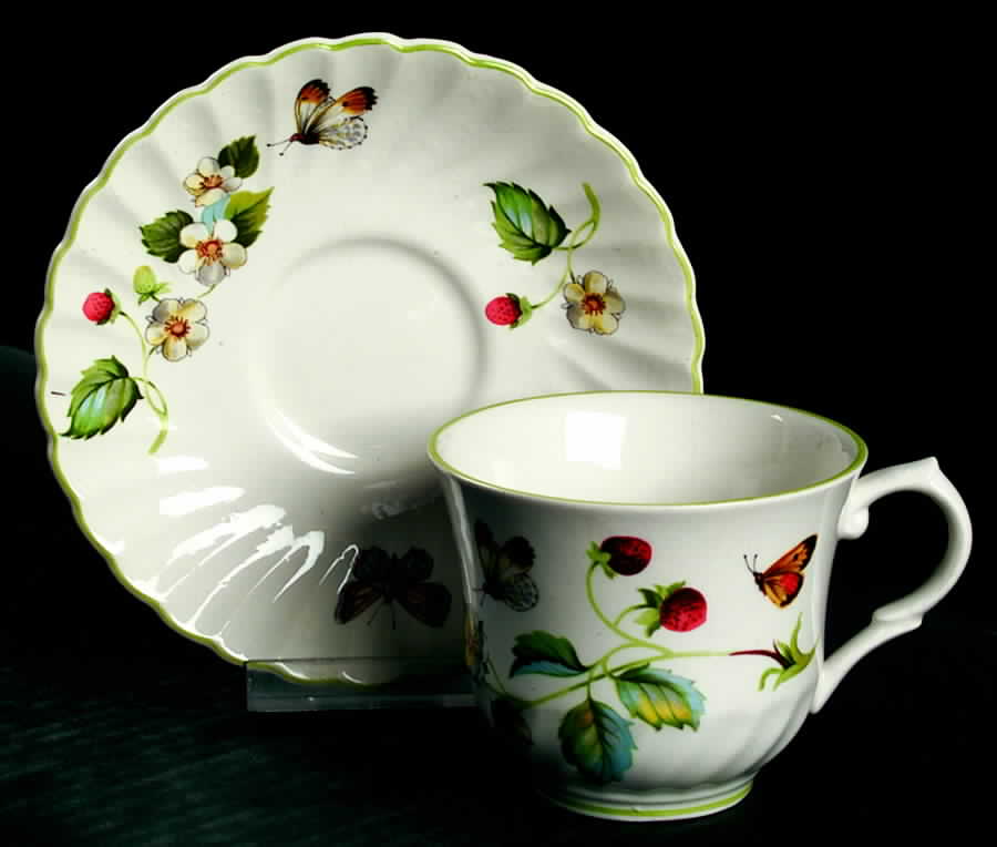 Strawberry (Green Trim, Butterflies) Footed Cup & Saucer Set by James Kent (England)-1