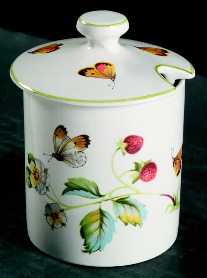Strawberry (Green Trim, Butterflies) Jam/Jelly & Lid by James Kent (England)-1