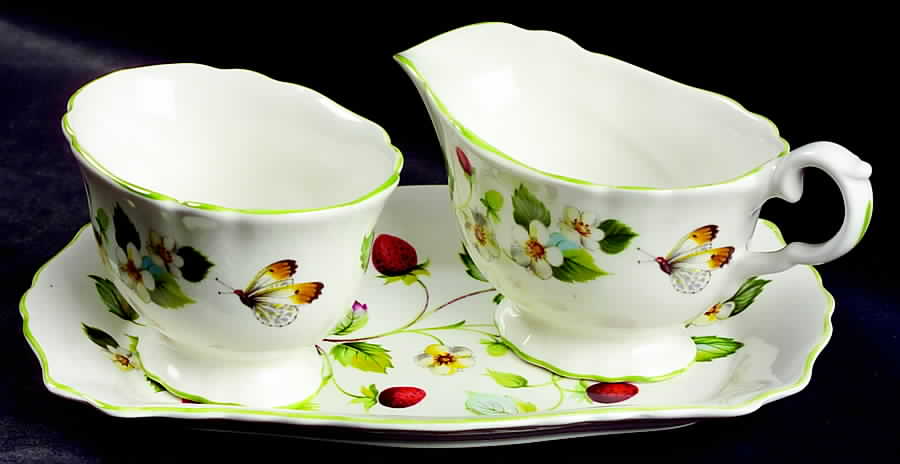 Strawberry (Green Trim, Butterflies) Mini Creamer & Open Sugar with Tray by James Kent (England)-1