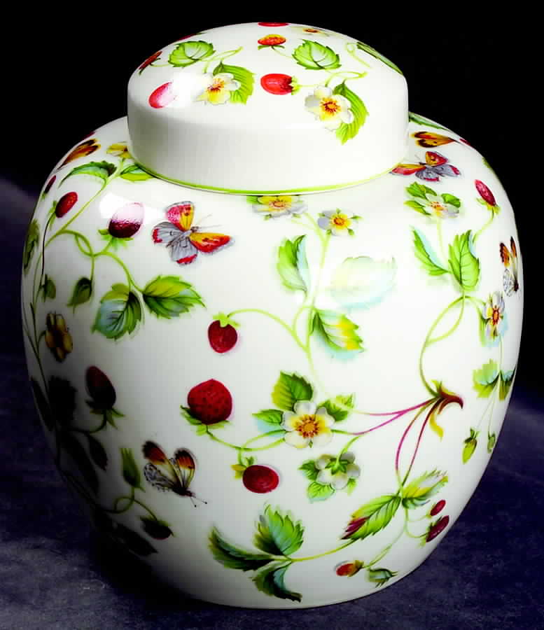 Strawberry (Green Trim, Butterflies) Medium Ginger Jar & Lid by James Kent (England)-1