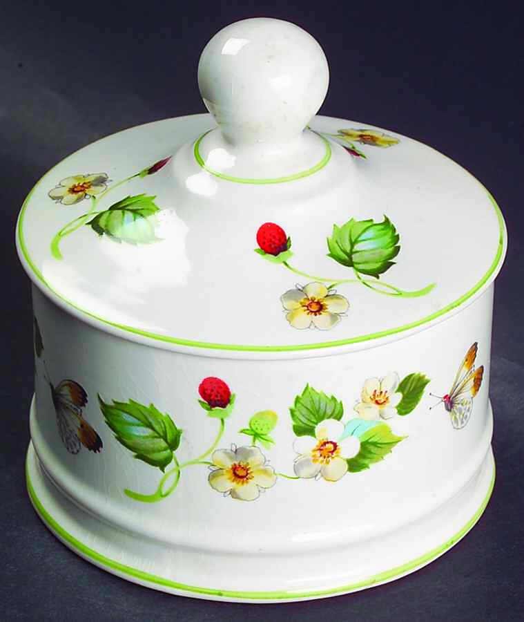Strawberry (Green Trim, Butterflies) Trinket Box & Lid by James Kent (England)-1
