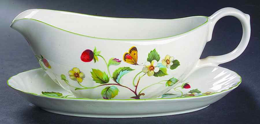 Strawberry (Green Trim, Butterflies) Gravy Boat & Underplate/Relish by James Kent (England)-1