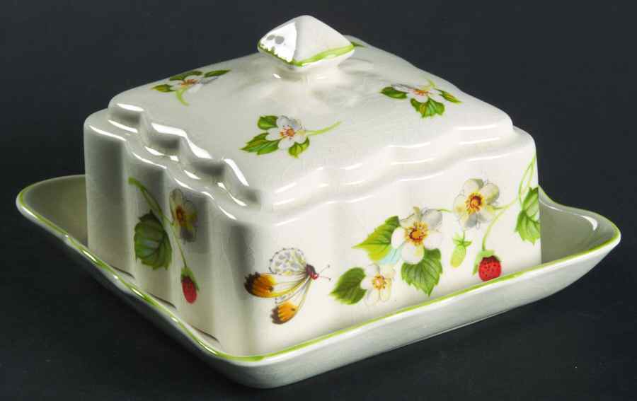 Strawberry (Green Trim, Butterflies) Square Covered Butter by James Kent (England)-1