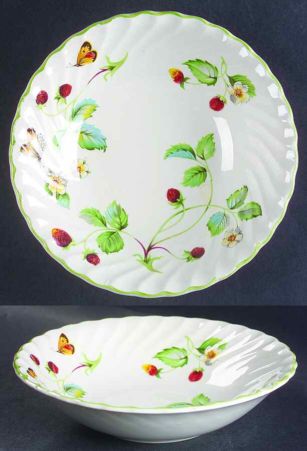 Strawberry (Green Trim, Butterflies) Coupe Cereal Bowl by James Kent (England)-1