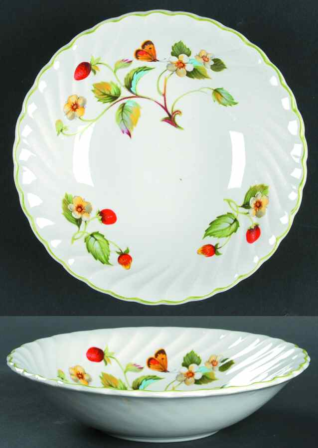 Strawberry (Green Trim, Butterflies) Coupe Cereal Bowl by James Kent (England)-1