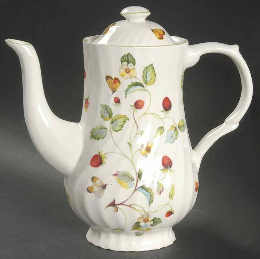 Strawberry (Green Trim, Butterflies) Coffee Pot & Lid by James Kent (England)-1
