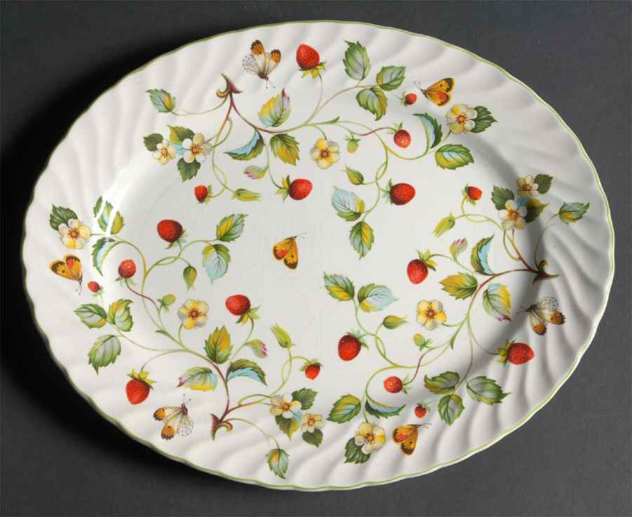 Strawberry (Green Trim, Butterflies) 11" Oval Serving Platter by James Kent (England)-1