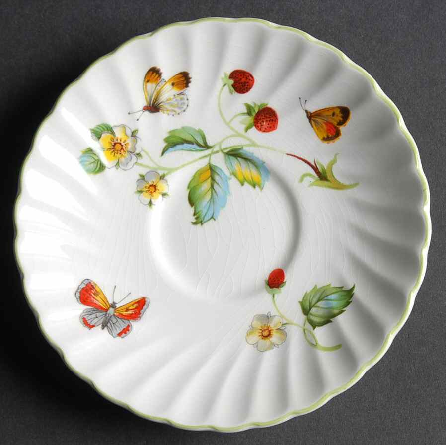 Strawberry (Green Trim, Butterflies) Saucer for Footed Cup by James Kent (England)-1