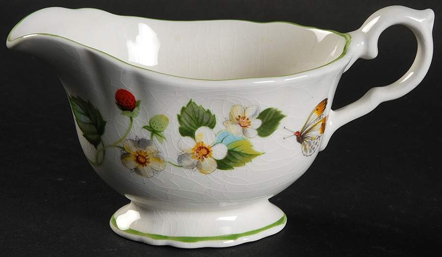 Strawberry (Green Trim, Butterflies) Individual Gravy Boat by James Kent (England)-1