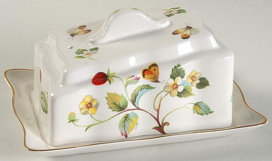 Strawberry (Green Trim, Butterflies) Cheese Dish with Lid (Wedge) by James Kent (England)-1