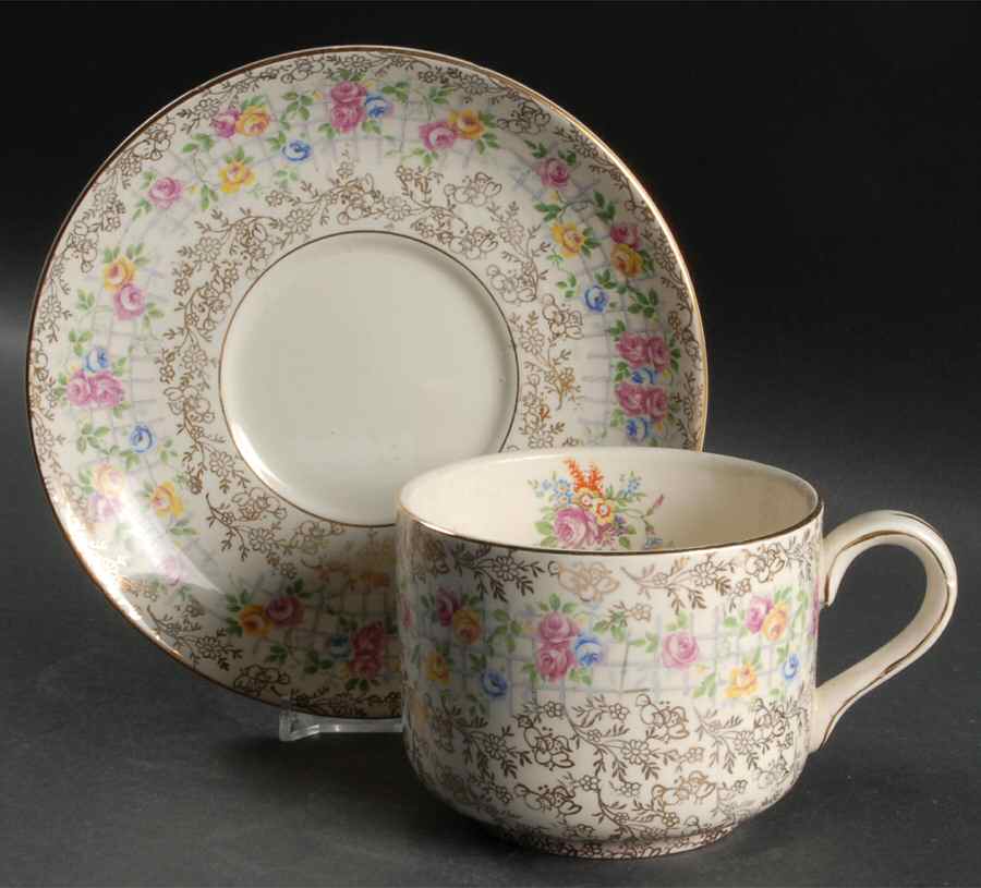 Trellis Rose (Multisided, England) Jumbo Cup & Saucer Set by James Kent (England)-1