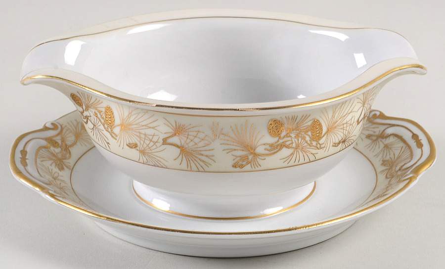 Pine Gold Gravy Boat with Attached Underplate by Kyoto-1