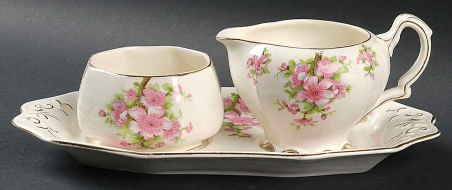 Apple Blossom Creamer & Open Sugar with Tray by James Kent (England)-1