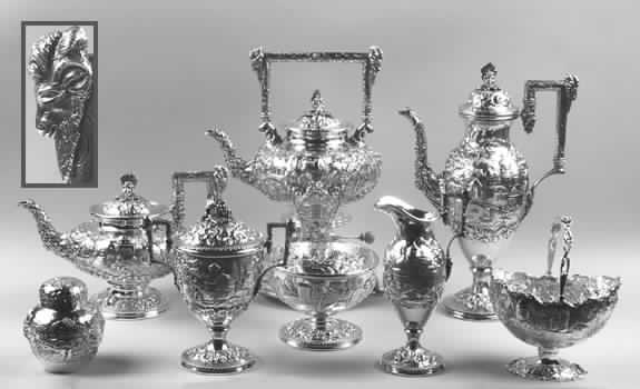 Repousse-Full Chased-Landscape (Sterling) 8 Piece Tea Set (SCP1,STP1,SCR,SSU1,SWB,SKES,TCAD,BASF) by Kirk Stieff-1
