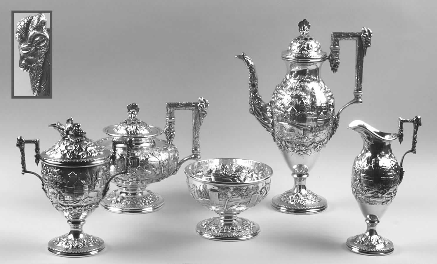 Repousse-Full Chased-Landscape (Sterling) 5 Piece Tea Set (SCP, STP, SCR, SSU, SWB) by Kirk Stieff-1