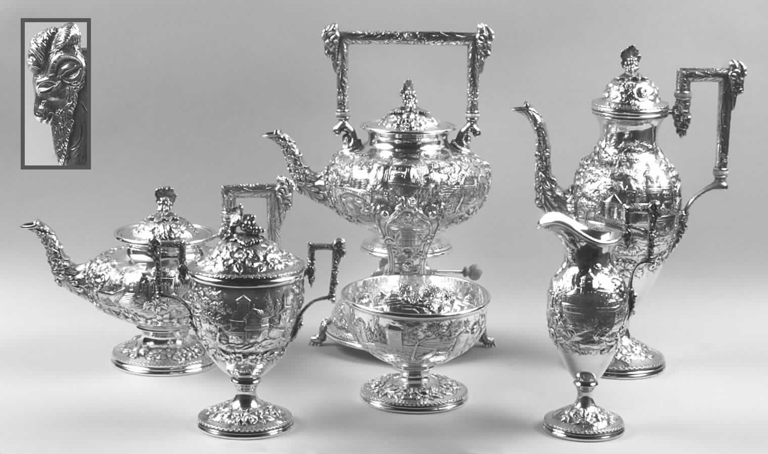 Repousse-Full Chased-Landscape (Sterling) 6 Piece Tea Set (SCP, STP, SCR, SSU, SWB, SKES) by Kirk Stieff-1