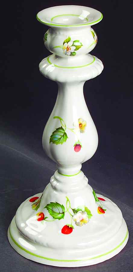 Strawberry (Green Trim, No Butterflies) 8" Tall Candlestick by James Kent (England)-1