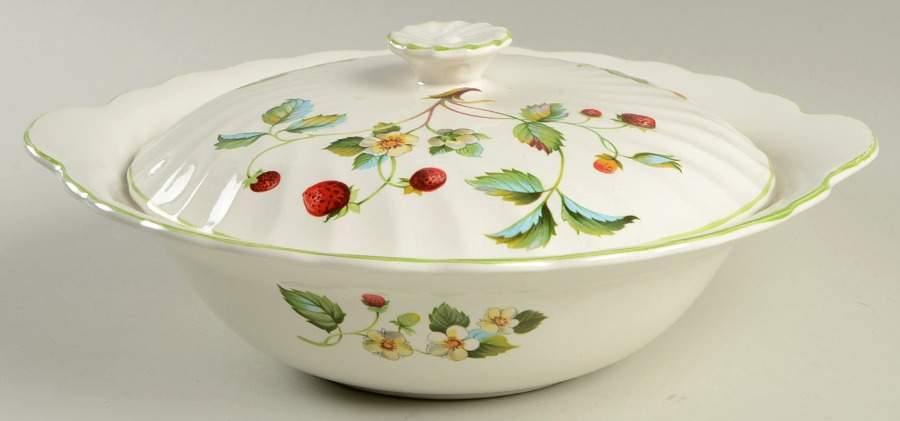 Strawberry (Green Trim, No Butterflies) Round Covered Vegetable by James Kent (England)-1