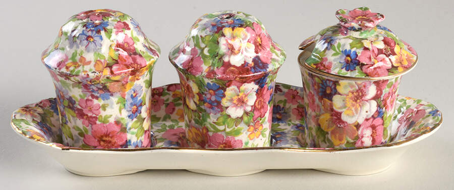 Dubarry (Granville, New, Globe Backstamp) 5-Piece Condiment Set (Salt, Pepr, Mustard & Tray) by James Kent (England)-1