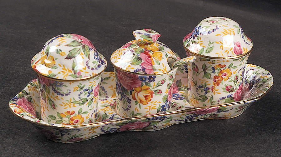 Rosalynde(Granville, New, Globestp) 5-Piece Condiment Set (Salt, Pepr, Mustard & Tray) by James Kent (England)-1