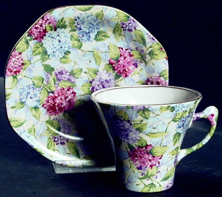 Hydrangea(New, Majestic, Cream Background) Flat Cup & Saucer Set by James Kent (England)-1