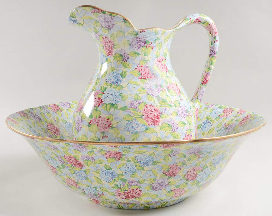 Hydrangea (New, Granville, Cream Background) 128 Oz Pitcher and Bowl Set by James Kent (England)-1