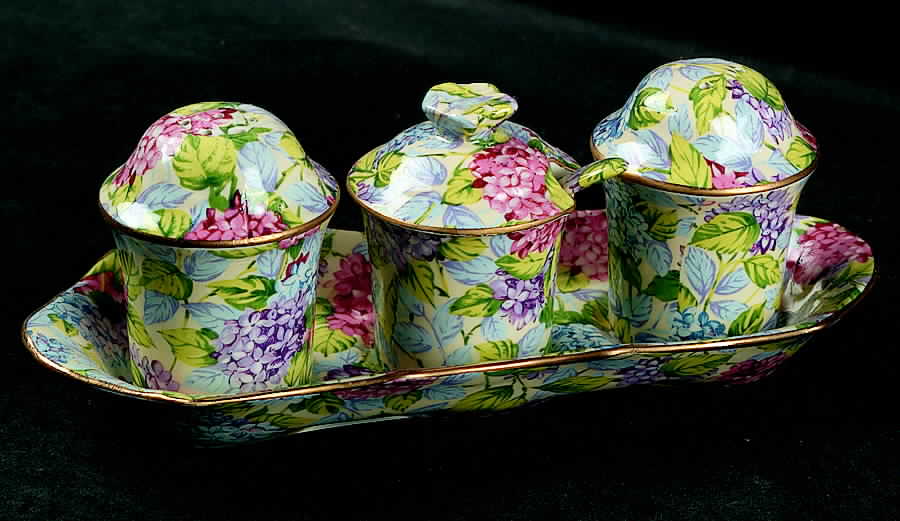 Hydrangea (New, Granville, Cream Background) 5-Piece Condiment Set (Salt, Pepr, Mustard & Tray) by James Kent (England)-1