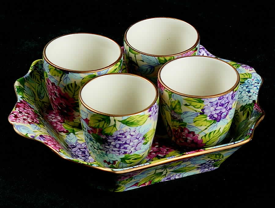 Hydrangea (New, Granville, Cream Background) Egg Cup Set (4 Egg Cups and Tray) by James Kent (England)-1