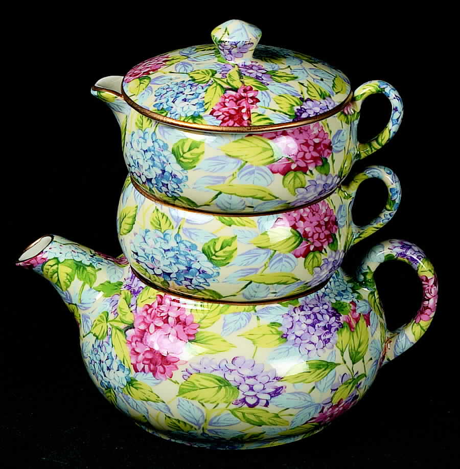 Hydrangea (New, Granville, Cream Background) Mini Teapot Stacking Set (Creamer, Sugar) by James Kent (England)-1