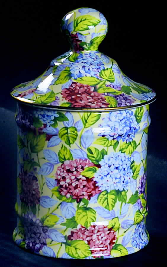 Hydrangea (New, Granville, Cream Background) Cotton Ball Jar and Lid by James Kent (England)-1