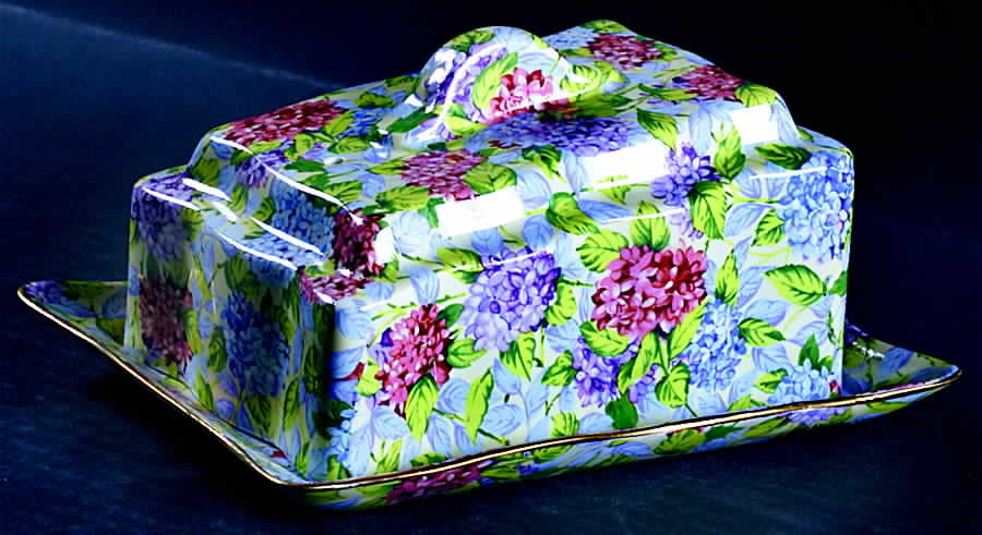 Hydrangea (New, Granville, Cream Background) Cheese Dish with Lid (Wedge) by James Kent (England)-1
