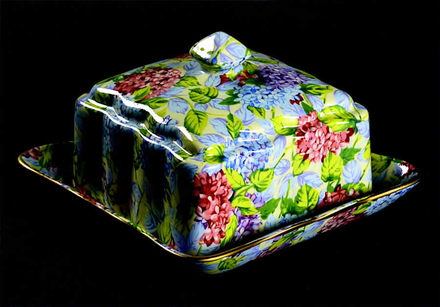Hydrangea (New, Granville, Cream Background) Square Covered Butter by James Kent (England)-1