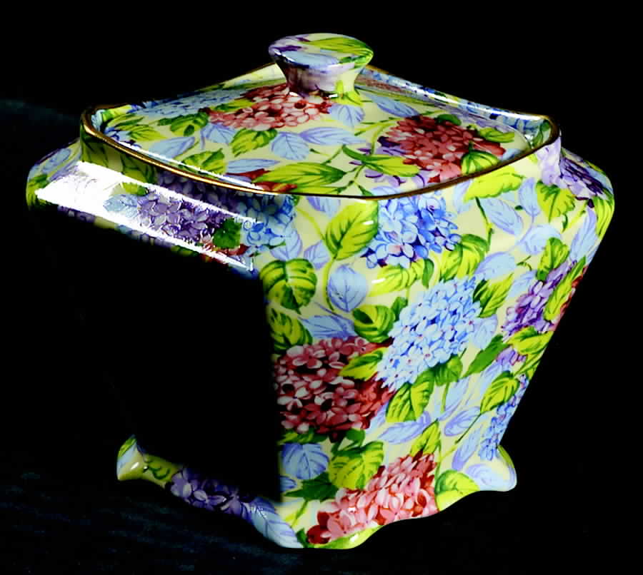 Hydrangea (New, Granville, Cream Background) Diamond Square Sugar Bowl & Lid by James Kent (England)-1