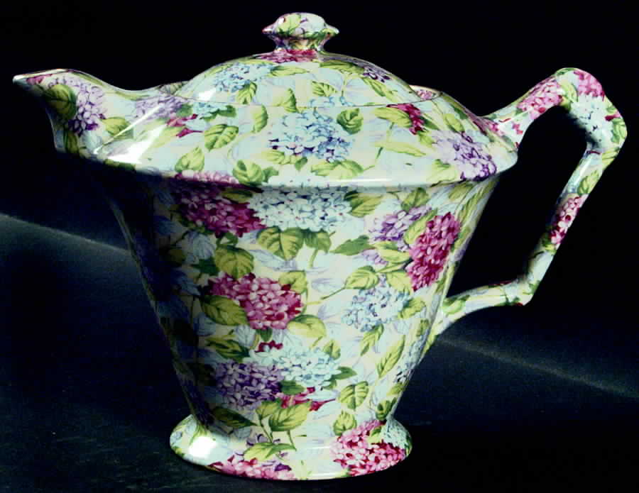 Hydrangea (New, Granville, Cream Background) Round Diamond Teapot & Lid by James Kent (England)-1