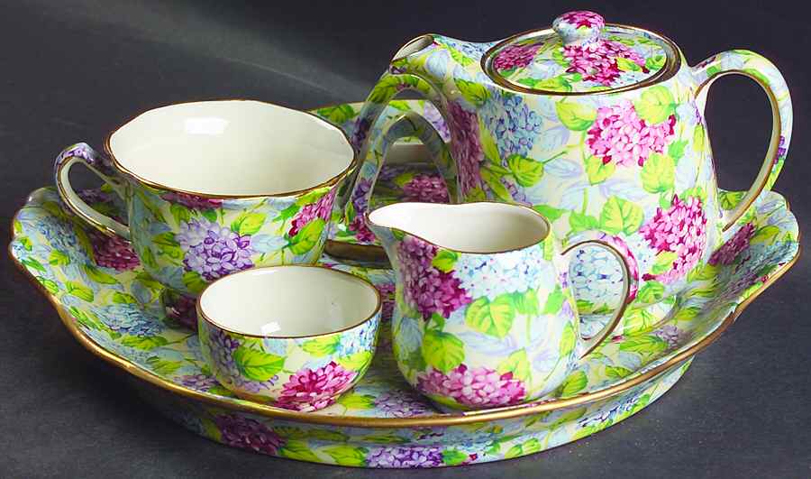 Hydrangea (New, Granville, Cream Background) 6-Piece Breakfast Set (Footed Cup) by James Kent (England)-1