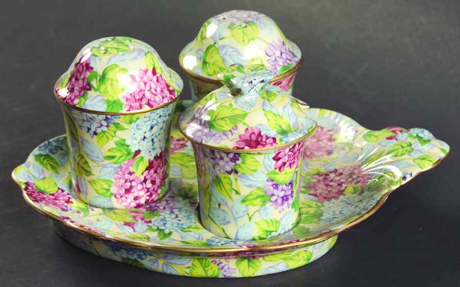 Hydrangea (New, Granville, Cream Background) Condiment Set by James Kent (England)-1