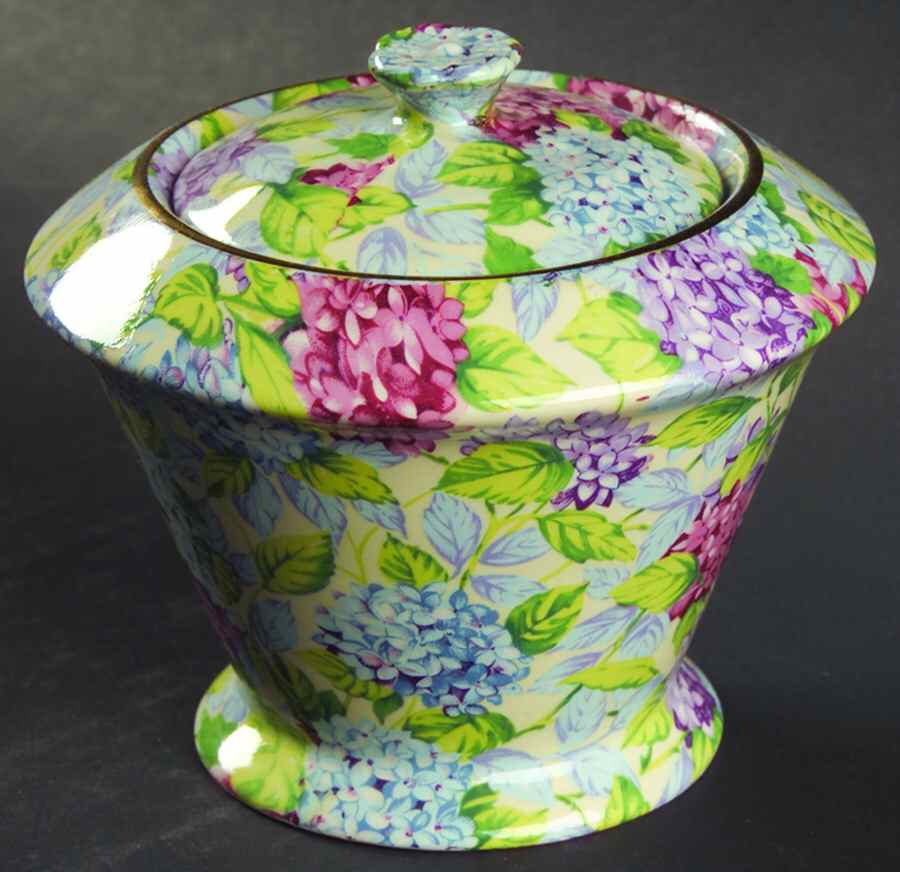 Hydrangea (New, Granville, Cream Background) Diamond Round Sugar Bowl & Lid by James Kent (England)-1
