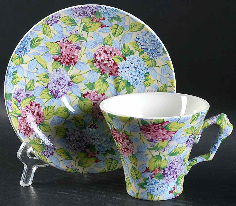 Hydrangea (New, Granville, Cream Background) Flat Cup & Saucer Set by James Kent (England)-1