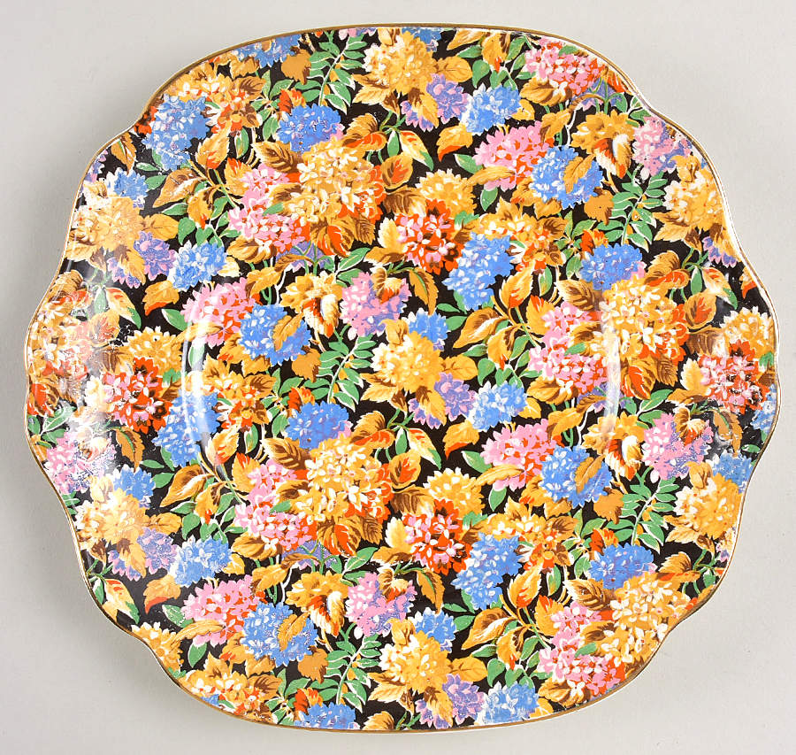 Hydrangea Black (Old, Black Background) Square Handled Cake Plate by James Kent (England)-1