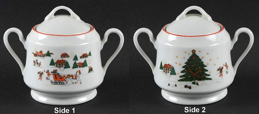 Christmas Pleasure (Scalloped, Red Trim) Sugar Bowl & Lid by Kopin-1