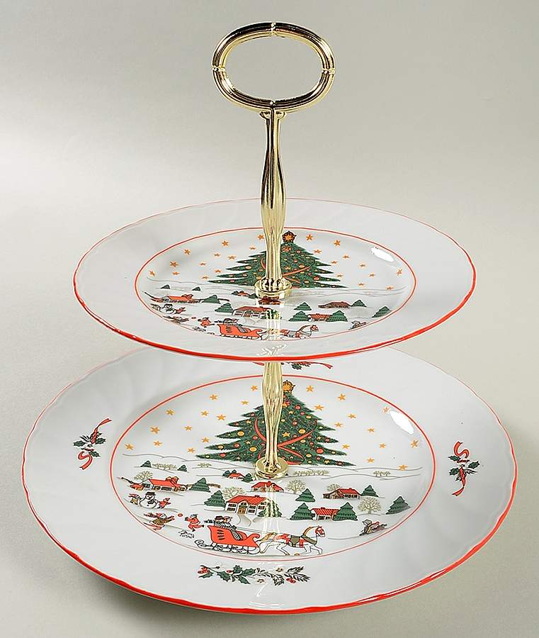 Christmas Pleasure (Scalloped, Red Trim) 2 Tiered Serving Tray (Dinner & Salad Plate) by Kopin-1