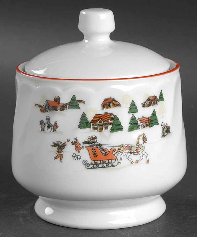 Christmas Pleasure (Scalloped, Red Trim) Sugar Bowl & Lid by Kopin-1