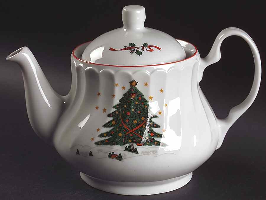Christmas Pleasure (Scalloped, Red Trim) Teapot & Lid by Kopin-1